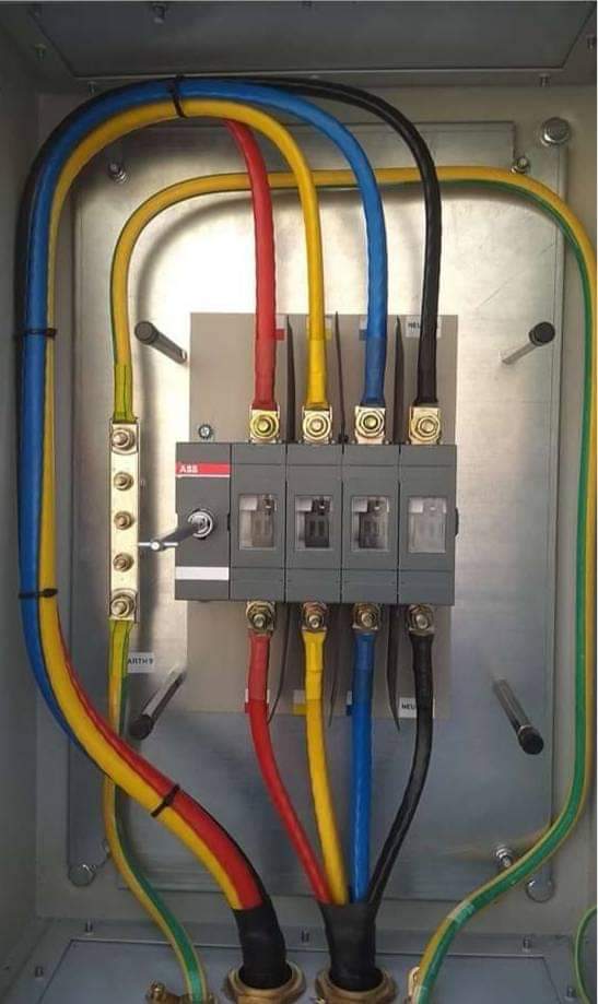 Three-phase distribution board with an ABB isolator and neatly dressed red, yellow, blue and earth cables